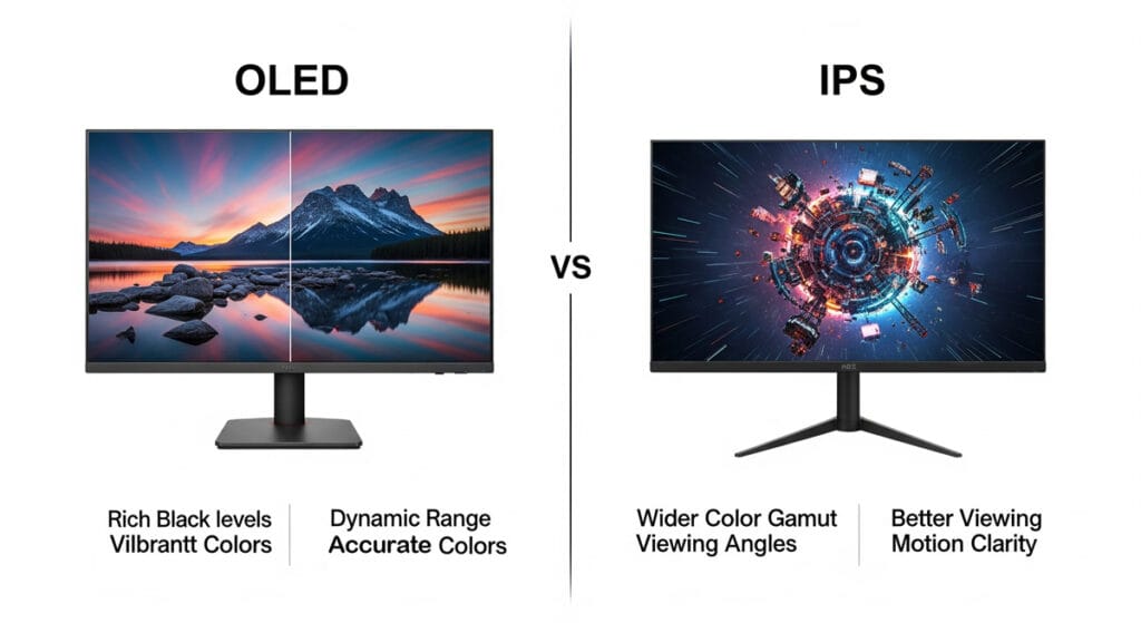 Comparison of OLED and IPS computer monitors, showcasing OLED's rich black levels and vibrant/accurate colors versus IPS's wider color gamut, viewing angles, and motion clarity.