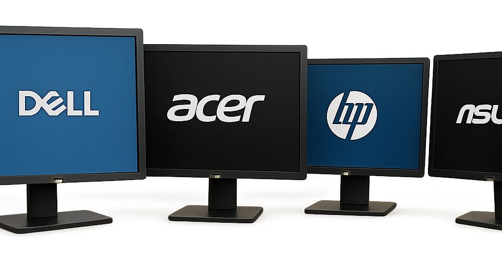 A range of computer monitors with brand logos displayed on them