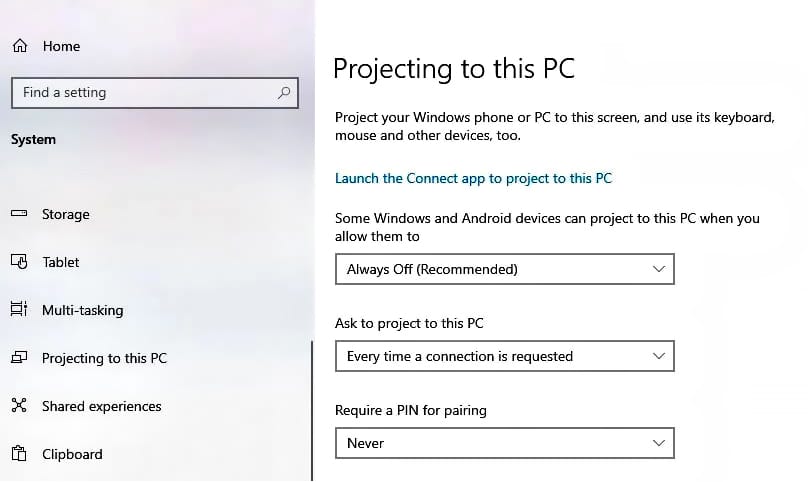 Windows 10 Projecting to this PC settings after Wireless Display installation.